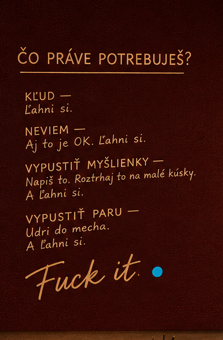 ČO PRÁVE POTREBUJEŠ? KĽUD — Ľahni si. NEVIEM — Aj to je OK. Ľahni si. VYPUSTIŤ MYŠLIENKY — Napíš to. Roztrhaj to na malé kúsky. A ľahni si. VYPUSTIŤ PARU — Udri do mecha. A ľahni si. Fuck it.
